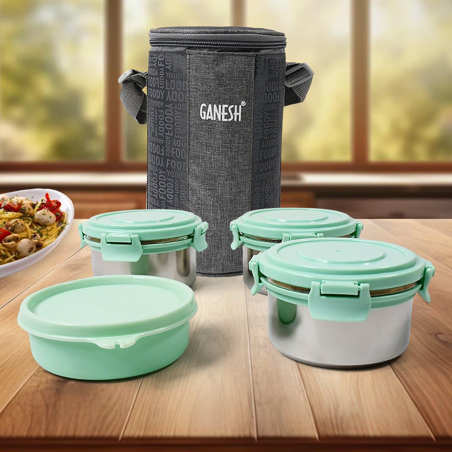 Ganesh 4In1&nbsp;Tiffin Box-Lunch Box | 3 Stainless Steel Containers 300 Ml Approx & Plastic Salad Container 200 Ml Approx| Plastic lid Box | Round Zip Bag | Leak Proof | Microwave Safe&nbsp;for Office, College and School for Men, Women