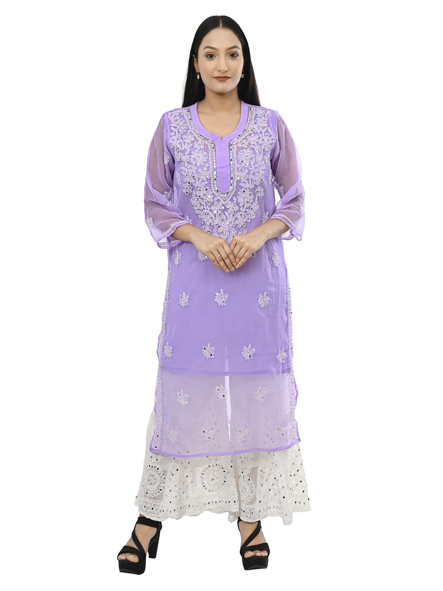 MRS RIGHT CHIKANKARI MIRROR EMBROIDERED KURTI SHARARA SET FOR WOMEN AND GIRLS