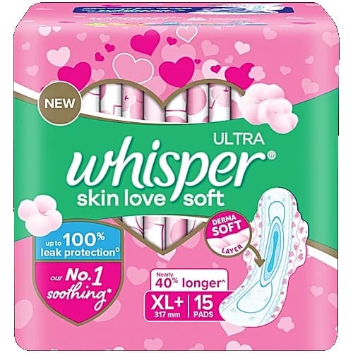 Whisper Ultra Skin Love Soft Sanitary Pads - For Women, XL+, 15 pcs