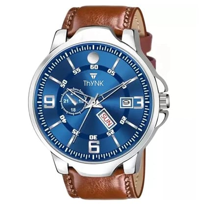 Thynk Premium Executive Round Blue Dial Analog Watch with Day and Date Display |Brown Leather Strap Thynk Premium Executive Round Blue Dial Analog Watch with Day and Date Display |Brown Leather Strap