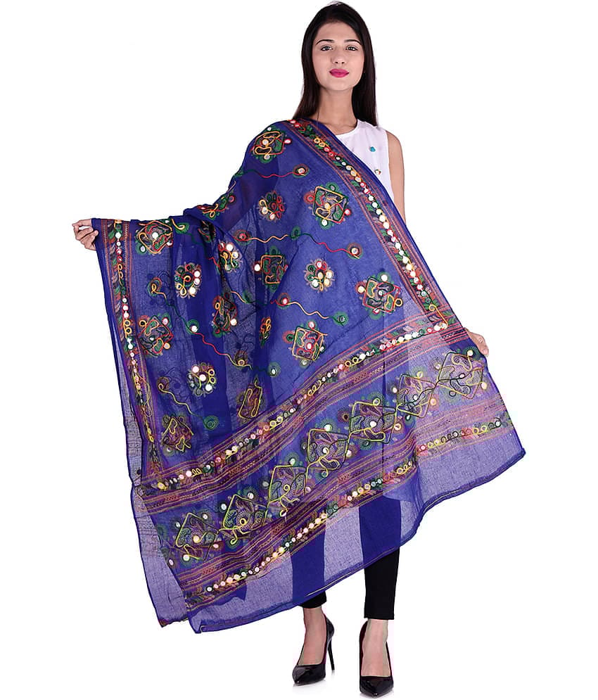 Apratim Blue Cotton Kutch Embroidered Dupatta - Single