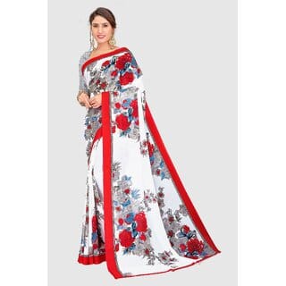 SVB Sarees Womens White And Red Colour Floral Printed Georgette Saree
