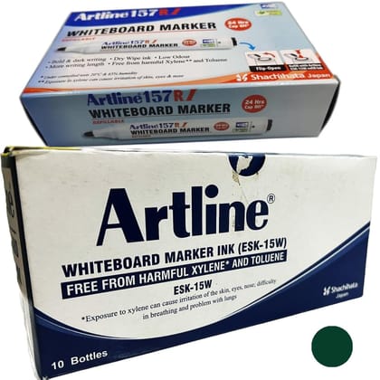 Artline 157RI Whiteboard Marker Pack of 10 with ESK15W Refillable Ink Bottle Pack of 10 (Green Colour) | Refillable Whiteboard Marker with Ink