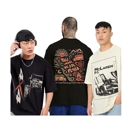 Mens Oversized T-Shirt (Pack of 3) | Casual Streetwear Graphic Tee | Round Neck Half Sleeve Cotton Blend