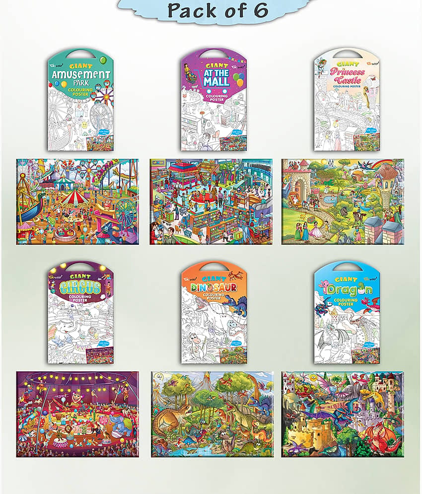 GIANT AT THE MALL COLOURING , GIANT PRINCESS CASTLE COLOURING , GIANT CIRCUS COLOURING , GIANT DINOSAUR COLOURING , GIANT AMUSEMENT PARK COLOURING  and GIANT DRAGON COLOURING  | Set of 6 s I Peaceful Coloring Combo