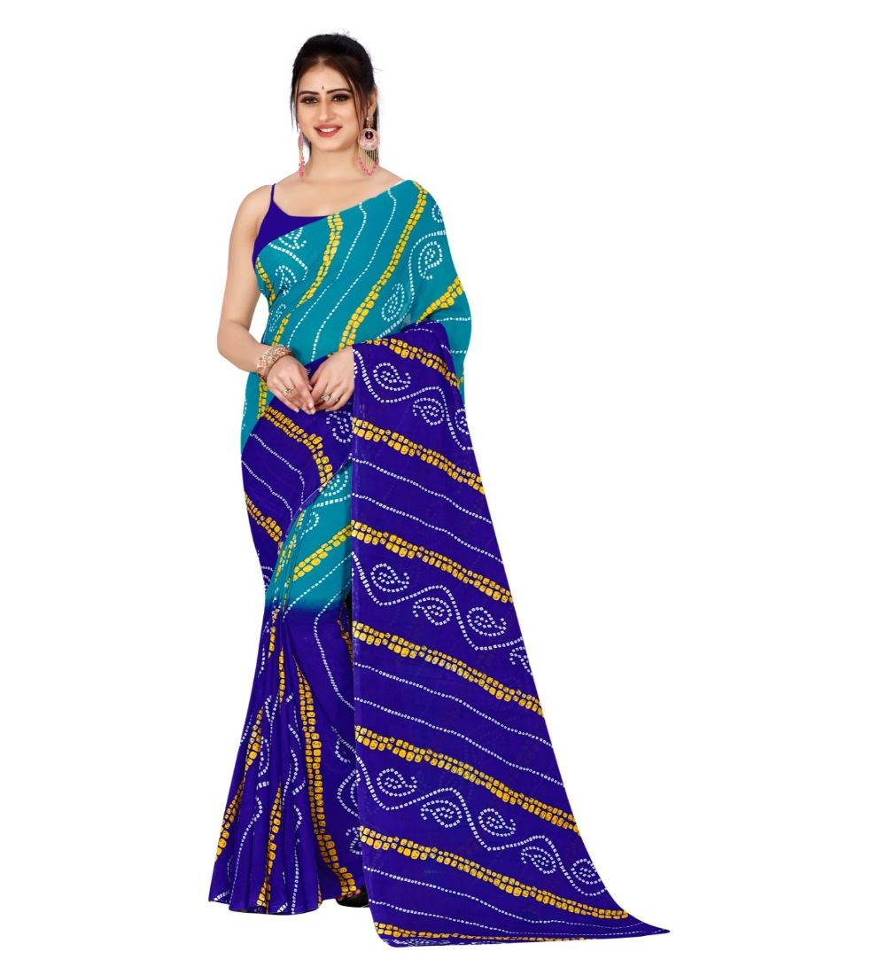 Women's Poly Georgette Printed Saree without Blouse (Sea Green, Royal Blue)