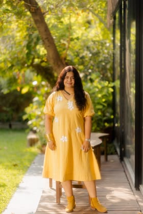 Lemon Frangipani Flared dress-S