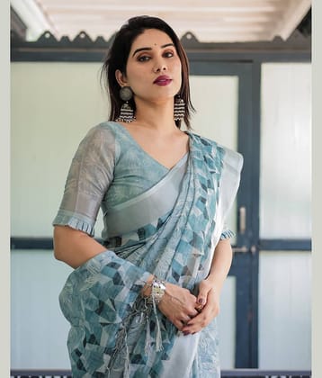 Almaari Fashion Linen Printed Saree With Unstitched Blouse Piece ( Multicolor )