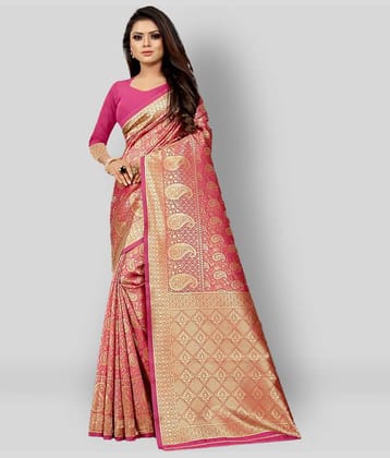 Gazal Fashions Banarasi Silk Embroidered Saree With Unstitched Blouse Piece ( Pink )