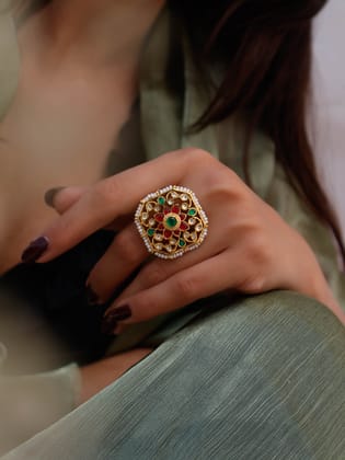 Sharain Red-Green Kundan Ring-Multicolored
