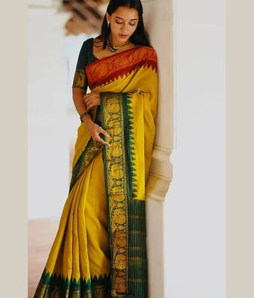fab woven Art Silk Woven Banarasi saree With Unstitched Blouse Piece ( Yellow )