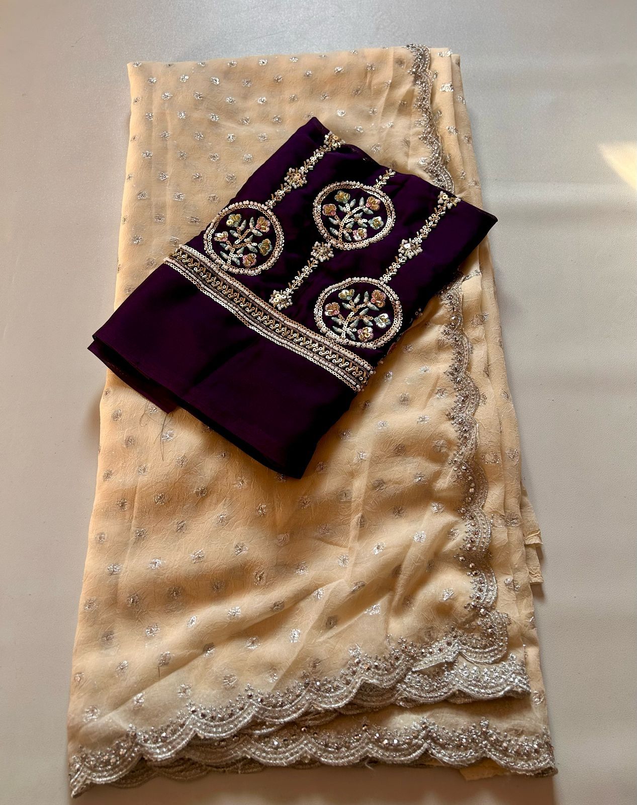 New Wedding Wear Cream Color Viscose Georgette Jacquard n Siroski Border Work Fancy Designer Saree With Heavy Work Blouse