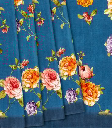 Blue Printed Crepe Silk Saree With Floral Prints-Blue-Blue
