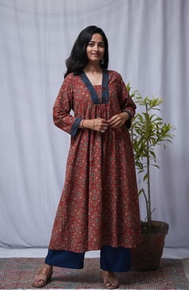 Rivaaj Ethnic Devki Ajrakh Cotton Kurta (Size M) | Maroon A-Line Flair with V-Neck & 3/4th Sleeves | Handblock Print | Festive & Office Wear