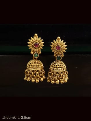 Flower top with coloured stones small jhoomki-Ruby green