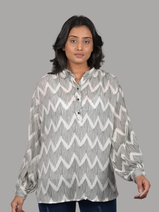 top for women western wear stylish and trending party wear printed Black And White Zigzag Print Long Sleeves Top (OTL-TPS1077)-Black / S