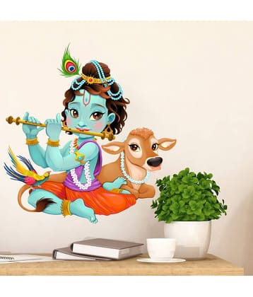 Scotlon Krishna with Cute Calf Vinyl Multicolour Wall Sticker