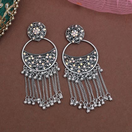 Silver Color Oxidised Earrings (GSE3062SLV)-Length: 9.00 CM x Width: 3.50 CM / Silver / Alloy With Good Quality Silver Plated
