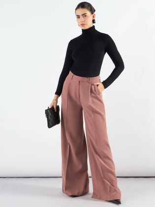 Dusty Peach Classic High-Waisted Wide-Leg Trousers in Stretch Fabric, Relaxed Straight Fit-XS