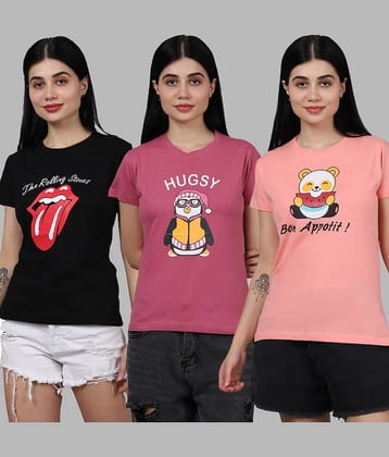 Fabflee Women Cotton Printed Regular Fit Round Neck T-Shirt ( Multi Color )