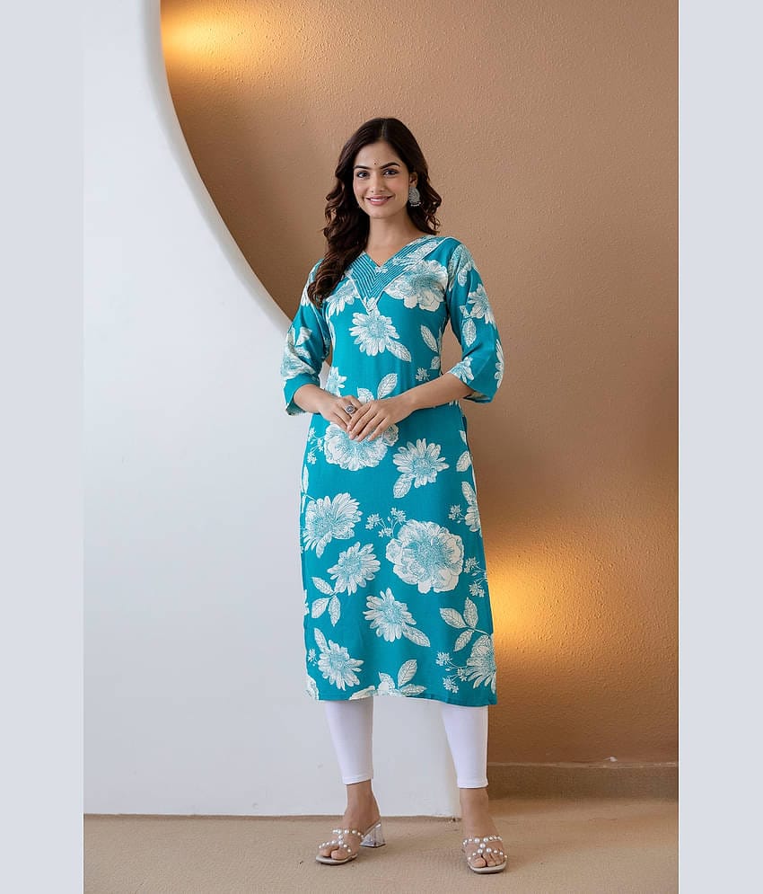 Kapadia Women Rayon Printed Straight Kurti ( Light Blue )