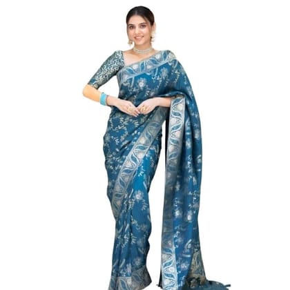 Women's Silk Printed Saree With Unstitched Blouse 5.5Mtr (Teal Blue)-PID60321 Women's Silk Printed Saree With Unstitched Blouse 5.5Mtr (Teal Blue)-PID60321