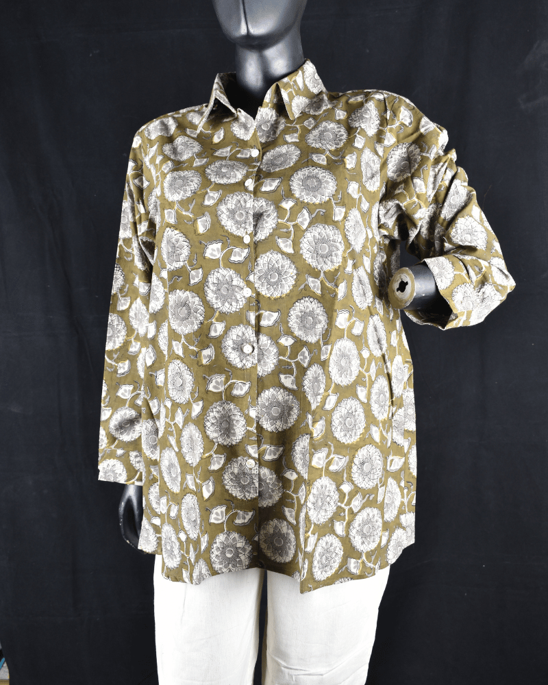 Stylish Women’s Olive Green Block print Cotton Shirt