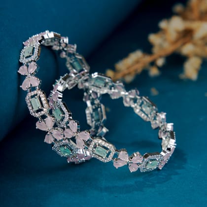 Minty Fresh Rhodium Bangles Set (Pack of 2)-Mint Green / Rhodium / 2.1