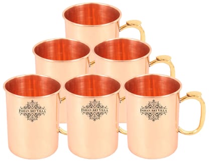 Set of 6 Pure Copper Plain Mug Moscow Mule Brass Handle 530 ML (18 Oz) each - Beer Cocktail Drinkware Bar Hotel Restaurant Tableware