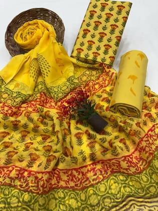Pure Cotton Unstitched Suit With Chiffon Dupatta-As shown in picture / 2.5 mtr each / Pure cotton with chiffon dupatta