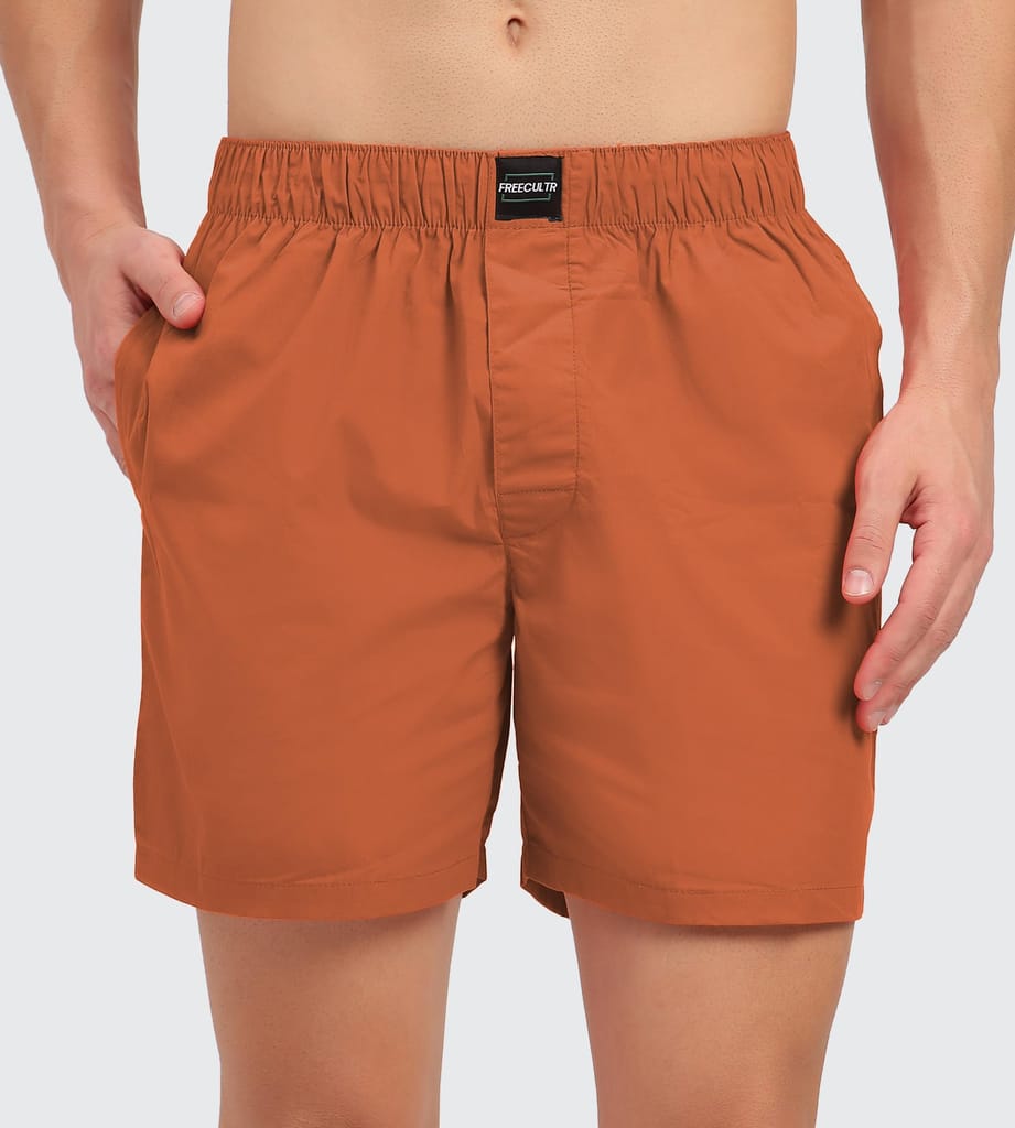 Freecultr Regular Fit Ultralight All Day Boxer Shorts for Men | 100% Cotton Fabric, Dual Deep Side Pocket, Microfibre Waistband Pack of 1-Orange