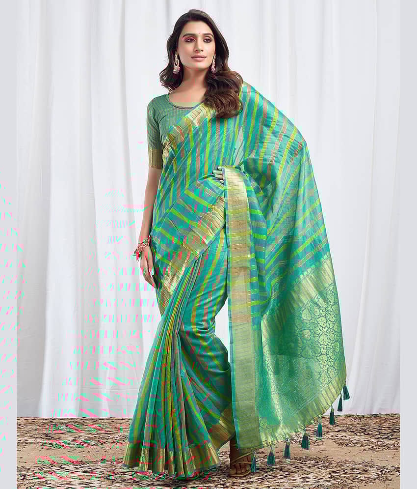 Samah Cotton Silk Woven Saree With Unstitched Blouse Piece ( Turquoise )