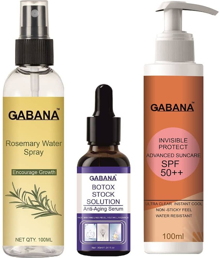 Gabana Beauty Natural Rosemary Water | Hair Spray For Regrowth 100ml, Botox Stock Solution Anti Ageing Serum 30ml & Advance Sunscreen with SPF 50++ 100ml - Set of 3 Items
