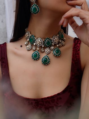 Macie Green Polki Necklace Set-Green