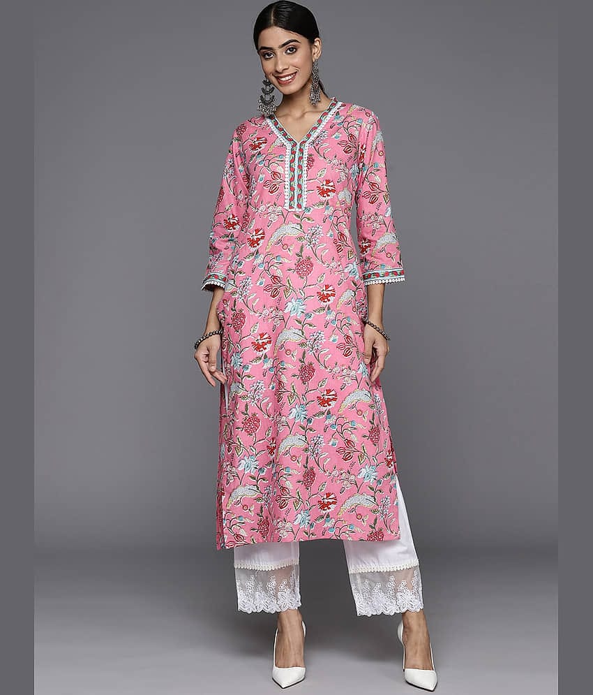 Varanga Cotton Printed Straight Women's Kurti - Pink ( Pack of 1 )