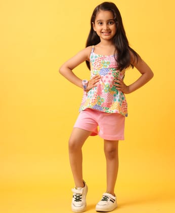 FLOWERS SUMMER STRAPPY GIRLS PINK SHORT SET - PINK-3-4 YEARS / 1N / PINK