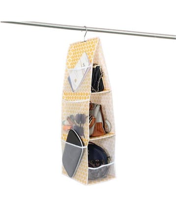 PrettyKrafts 3 Pocket Foldable Hanging with 6 mesh pockets, Purse Handbag Organizer for Storage Ladies Women Large Hand Bag Storage Organizer,QTR Print Yellow