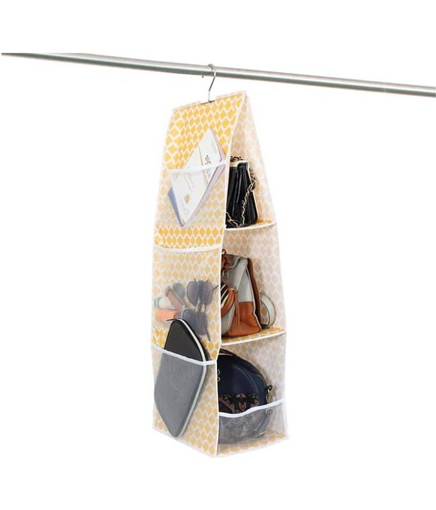 PrettyKrafts 3 Pocket Foldable Hanging with 6 mesh pockets, Purse Handbag Organizer for Storage Ladies Women Large Hand Bag Storage Organizer,QTR Print Yellow