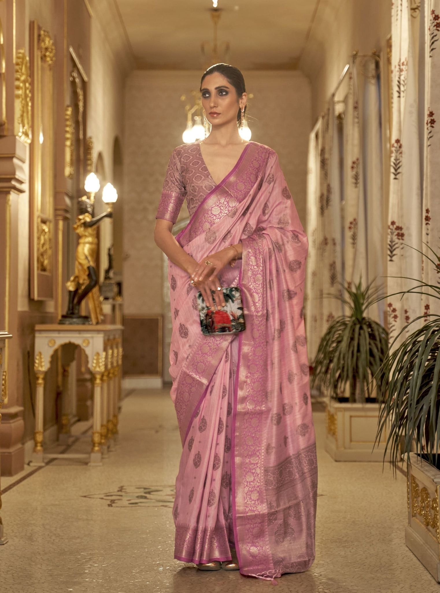 Flamingo Pink Soft Silk Banarasi Weaving Saree