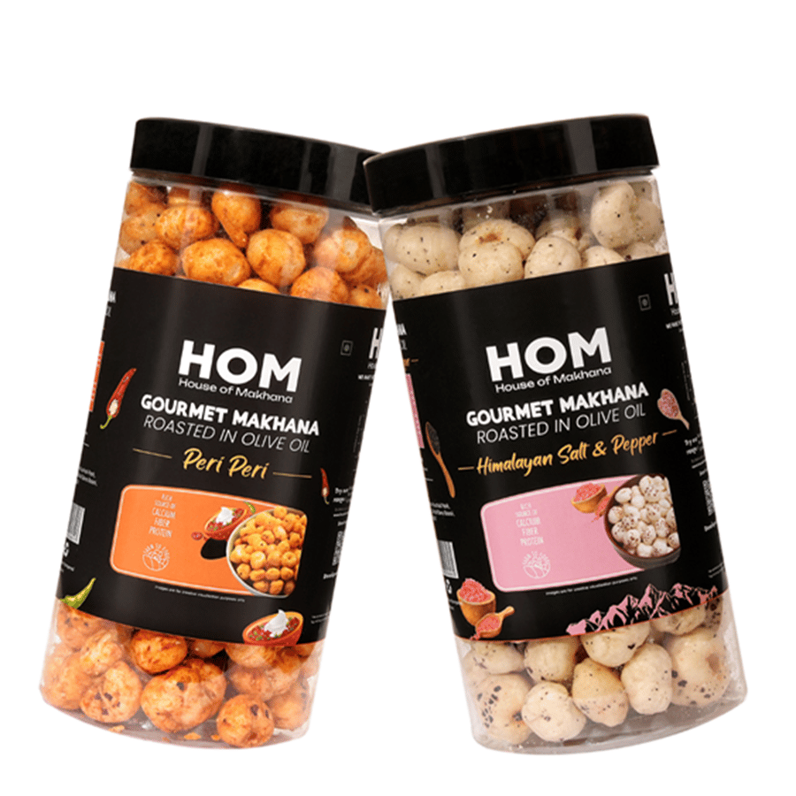 GOURMET MAKHANA Roasted in Olive Oil | Flavors Himalayan Salt and Pepper & Peri Peri | Combo Of 2, 65g Each. - 130 gm