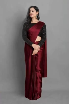 ANSH Womens Satin Solid Saree length (5.5m) & Blouse Piece Size (0.8m) (Maroon)