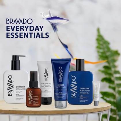 Bravado Everyday Essential Personal Care 6 In 1 Combo - Pack of - Reboot Facewash, Fresh Kick Bodywash, Hydra Soft Body Lotion, Radiance Day Cream, Illuminate Face Serum, Lip Balm Spearmint - 589g