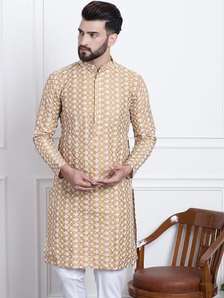 Men's Silk Blend Dark Gold Embroidered ONLY Long Kurta-36