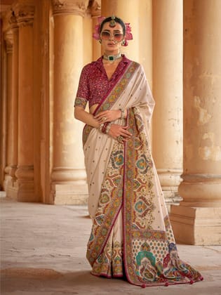Cream Poly Viscose Silk Woven Butti Position Print Desginer Saree