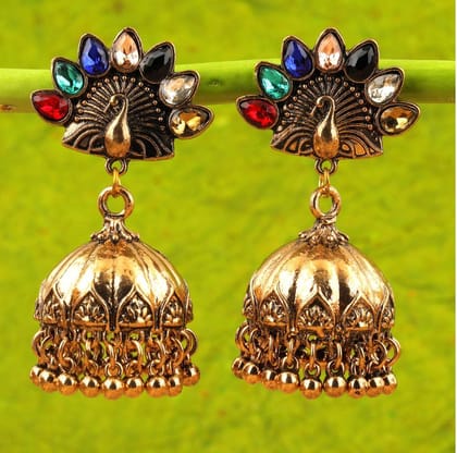 Antique Gold Plated Peacock Multicolored Stone Jhumki Earring- AER 281