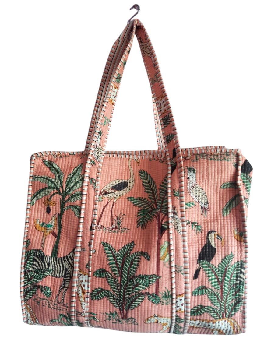 Stylish Tropical Cotton Tote Bag - Quilted & Lightweight