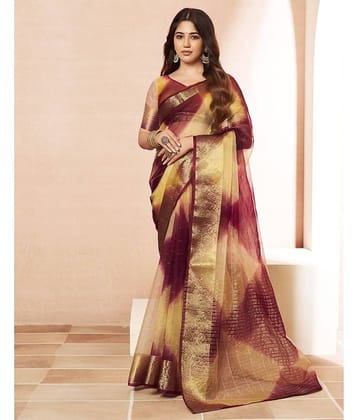 Satrani Organza Printed Saree With Unstitched Blouse Piece ( Yellow )