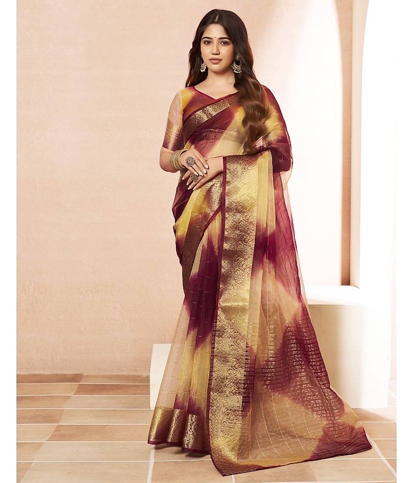 Satrani Organza Printed Saree With Unstitched Blouse Piece ( Yellow )
