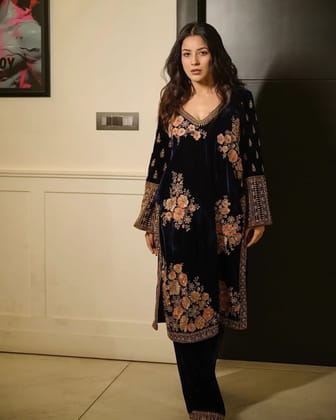 Viscose Thread Embroidery work Party wear Velvet suit-M(38)