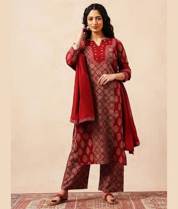 Vbuyz Women Cotton Printed Straight Kurti With Palazzo ( Red )